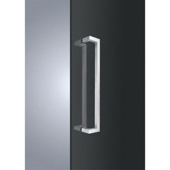 Lex cranked square door pull handle, 300mm in length and 25mm in width, made of satin stainless steel, with a pair design, suitable for 35-55mm thick doors, and includes fixing screws.