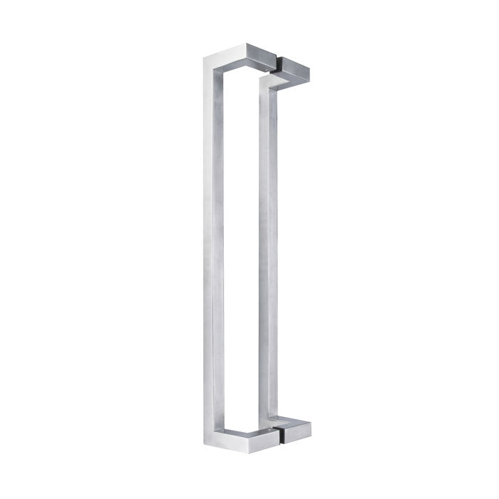 Lex cranked square door pull handle, 300mm in length and 25mm in width, made of satin stainless steel, with a pair design, suitable for 35-55mm thick doors, and includes fixing screws.