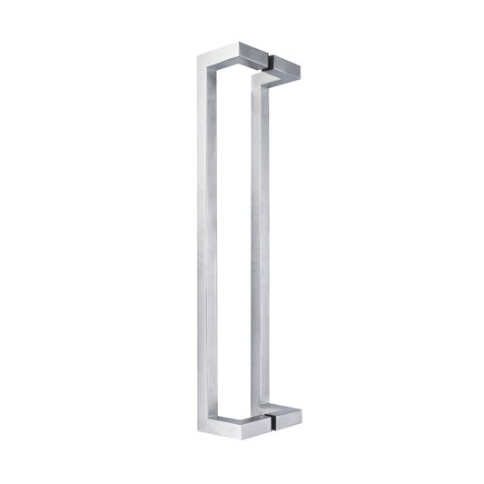 Lex cranked square door pull handle, 300mm in length and 25mm in width, made of satin stainless steel, with a pair design, suitable for 35-55mm thick doors, and includes fixing screws.