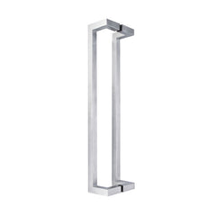 Lex cranked square door pull handle, 300mm in length and 25mm in width, made of satin stainless steel, with a pair design, suitable for 35-55mm thick doors, and includes fixing screws.