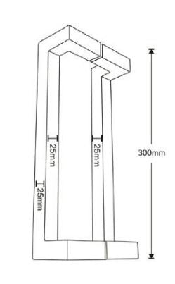 Lex cranked square door pull handle, 300mm in length and 25mm in width, made of satin stainless steel, with a pair design, suitable for 35-55mm thick doors, and includes fixing screws.