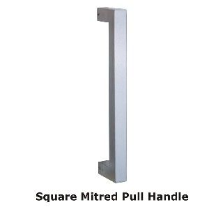 Square Mitred door pull handle, 19mm x 150mm, made of stainless steel with a satin finish. Suitable for 35-55mm thick doors, featuring bolt-through fixing and a square rose (52mm x 52mm).