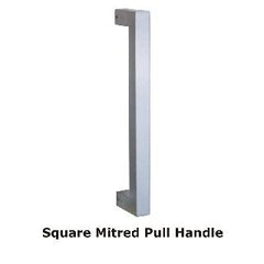 Square Mitred door pull handle, 19mm x 150mm, made of stainless steel with a satin finish. Suitable for 35-55mm thick doors, featuring bolt-through fixing and a square rose (52mm x 52mm).