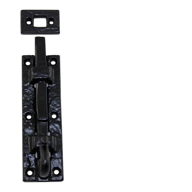 Euro Art Barrel Bolt - Necked - 100mm in Black Antique finish, combining durable construction, compact design, and stylish necked aesthetics for secure door and cabinet locking.