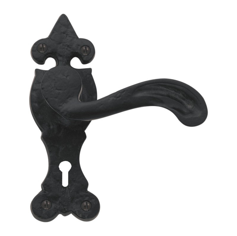 Euro Art Lever Lock 155x50mm in Black Antique finish, featuring a Lever On Backplate design, showcasing craftsmanship and functionality, suitable for residential or commercial use.