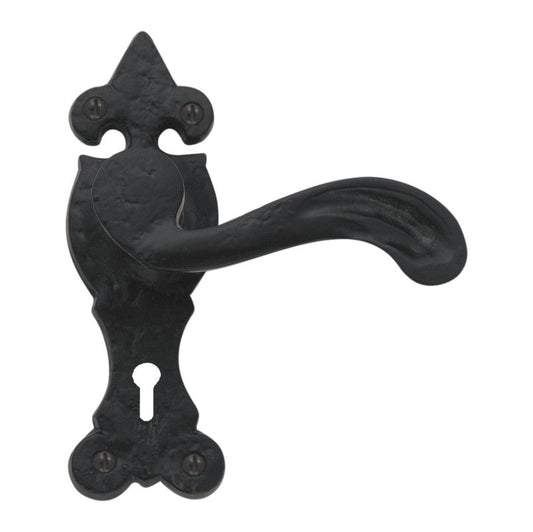 Euro Art Lever Lock 155x50mm in Black Antique finish, featuring a Lever On Backplate design, showcasing craftsmanship and functionality, suitable for residential or commercial use.