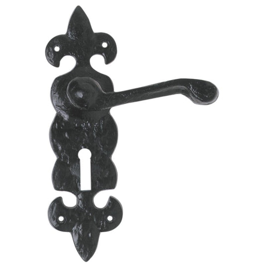 Euro Art Lever Lock (Fleur De Lys) 210x57mm in Black Antique, featuring intricate Fleur De Lys detailing and superior craftsmanship for an elegant, timeless door accessory.