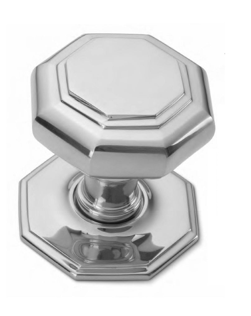 85mm octagonal center door knob in polished brass, polished chrome, and satin chrome finishes, designed to add a distinctive, stylish touch to residential or commercial entrances with premium durability.