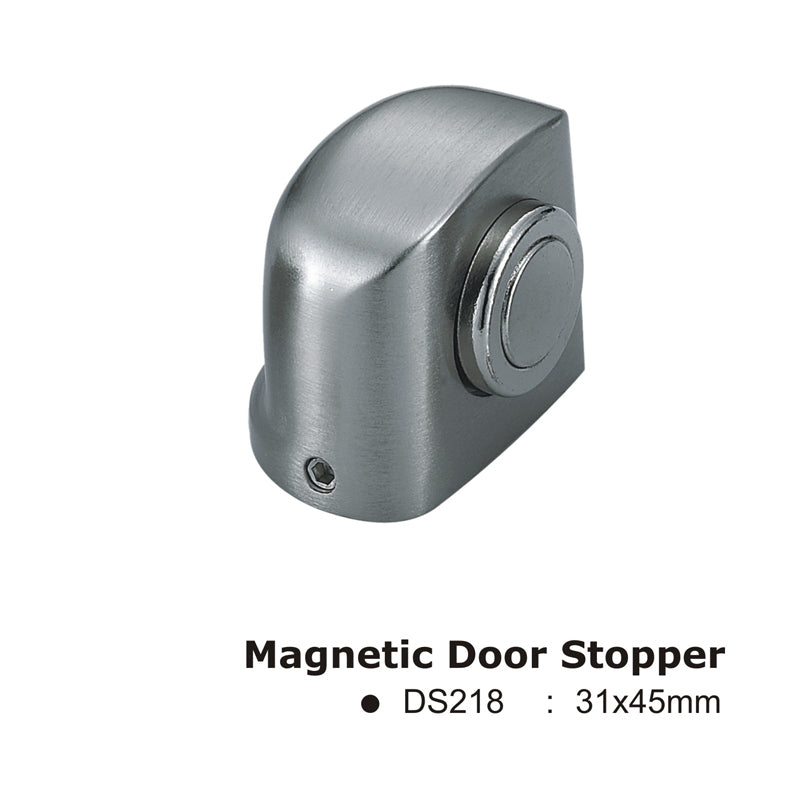 A compact Euro Art Magnetic Door Stopper in a sleek satin nickel finish. Features a cylindrical design with a powerful built-in magnet, providing reliable door-holding functionality. Compact at 45mm length, designed for easy installation and versatile use in modern interiors.