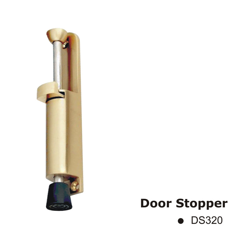 Euro Art Foot Operated Door Stopper in polished brass, designed for hands-free operation, offering durable construction and a sleek, modern design suitable for residential or commercial use.