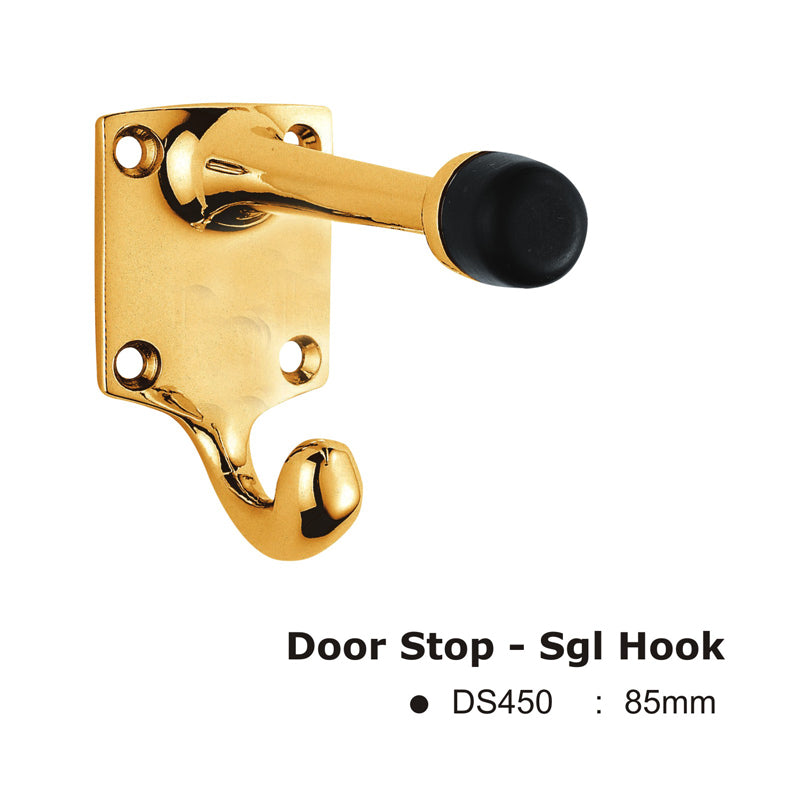 Euro Art Door Stop with a single hook design, featuring a polished brass finish and durable construction. Provides elegant door protection while enhancing the aesthetics of your space.