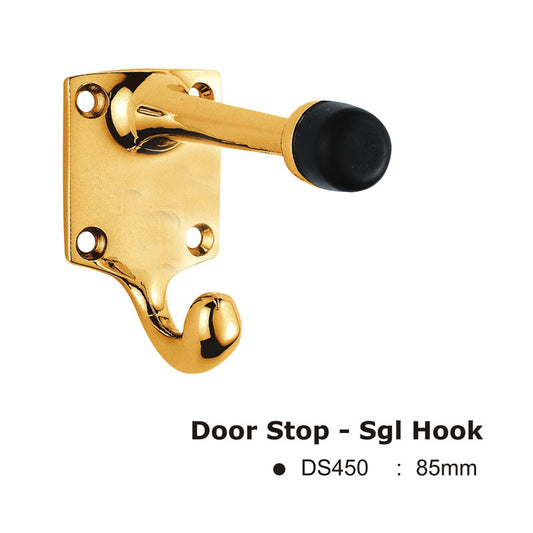 Euro Art Door Stop with a single hook design, featuring a polished brass finish and durable construction. Provides elegant door protection while enhancing the aesthetics of your space.