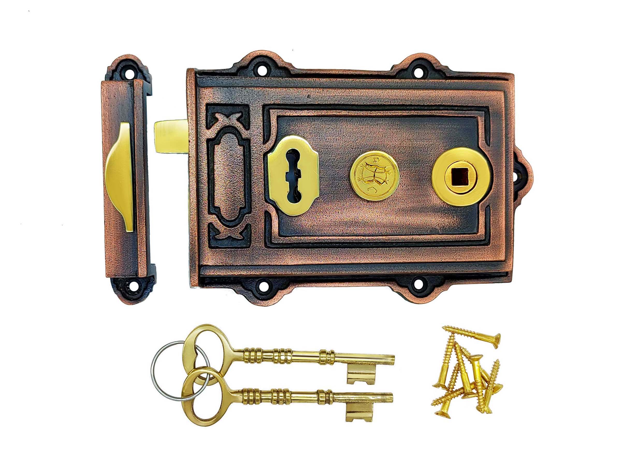 Euro Art Davenport Rim Lock with a timeless design, available in various finishes including Polished Brass Unlacquered, Polished Nickel, and Antique Pewter, among others.