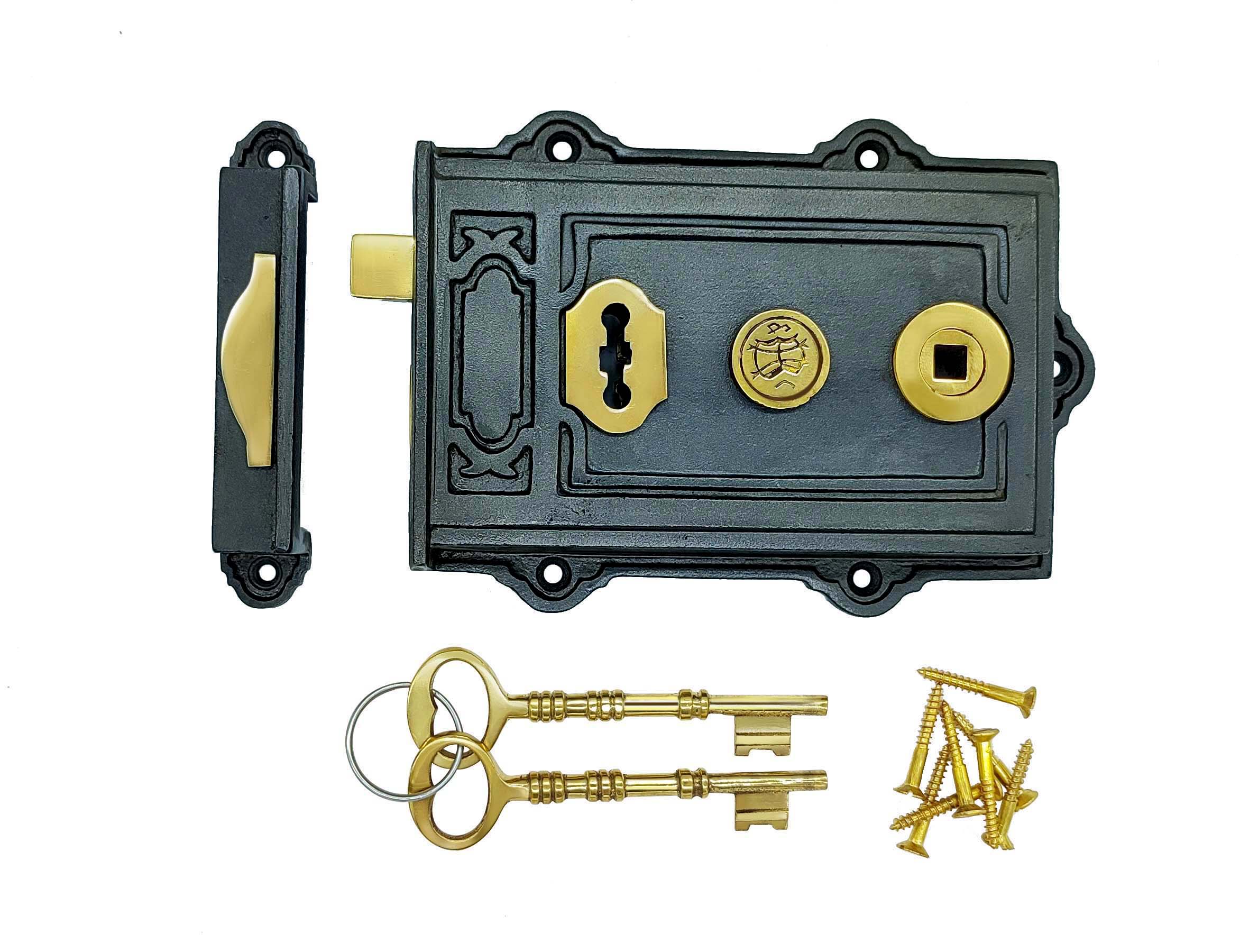 Euro Art Davenport Rim Lock with a timeless design, available in various finishes including Polished Brass Unlacquered, Polished Nickel, and Antique Pewter, among others.