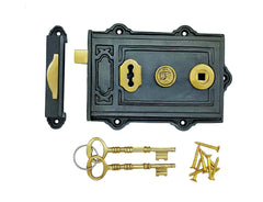 Euro Art Davenport Rim Lock with a timeless design, available in various finishes including Polished Brass Unlacquered, Polished Nickel, and Antique Pewter, among others.