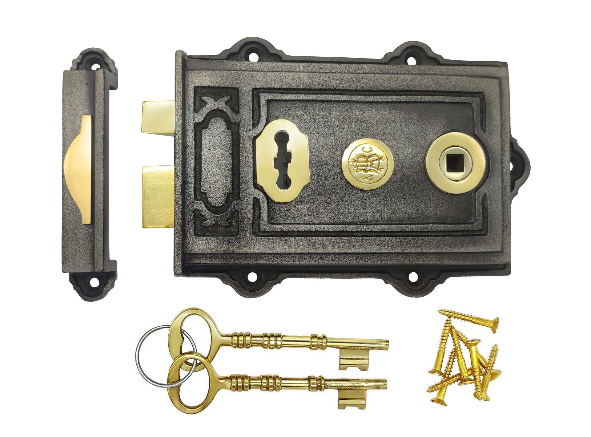 Euro Art Davenport Rim Lock with a timeless design, available in various finishes including Polished Brass Unlacquered, Polished Nickel, and Antique Pewter, among others.