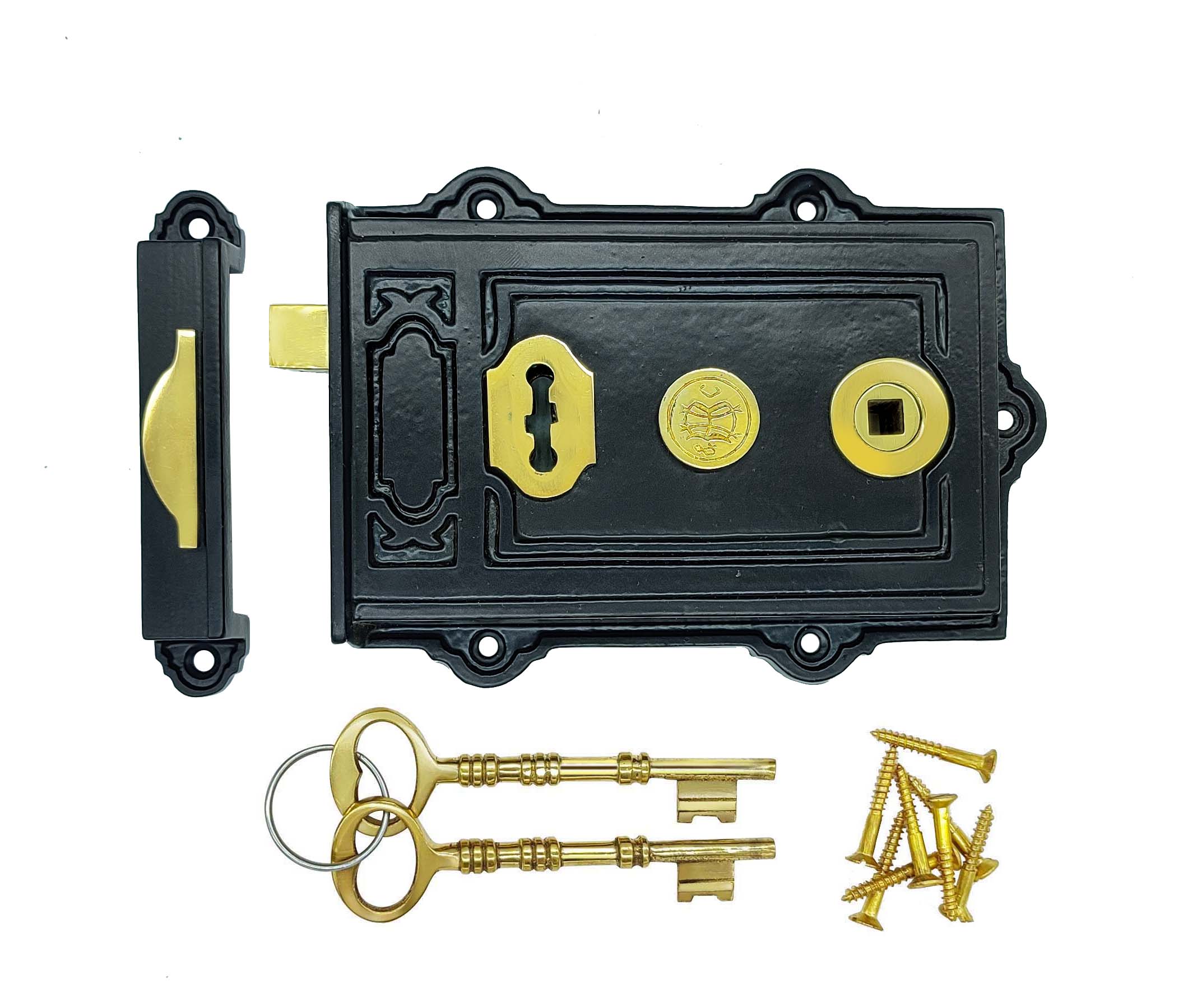 Euro Art Davenport Rim Lock with a timeless design, available in various finishes including Polished Brass Unlacquered, Polished Nickel, and Antique Pewter, among others.