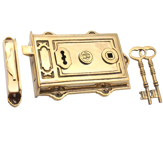 Euro Art Davenport Rim Lock with a timeless design, available in various finishes including Polished Brass Unlacquered, Polished Nickel, and Antique Pewter, among others.