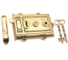 Euro Art Davenport Rim Lock with a timeless design, available in various finishes including Polished Brass Unlacquered, Polished Nickel, and Antique Pewter, among others.