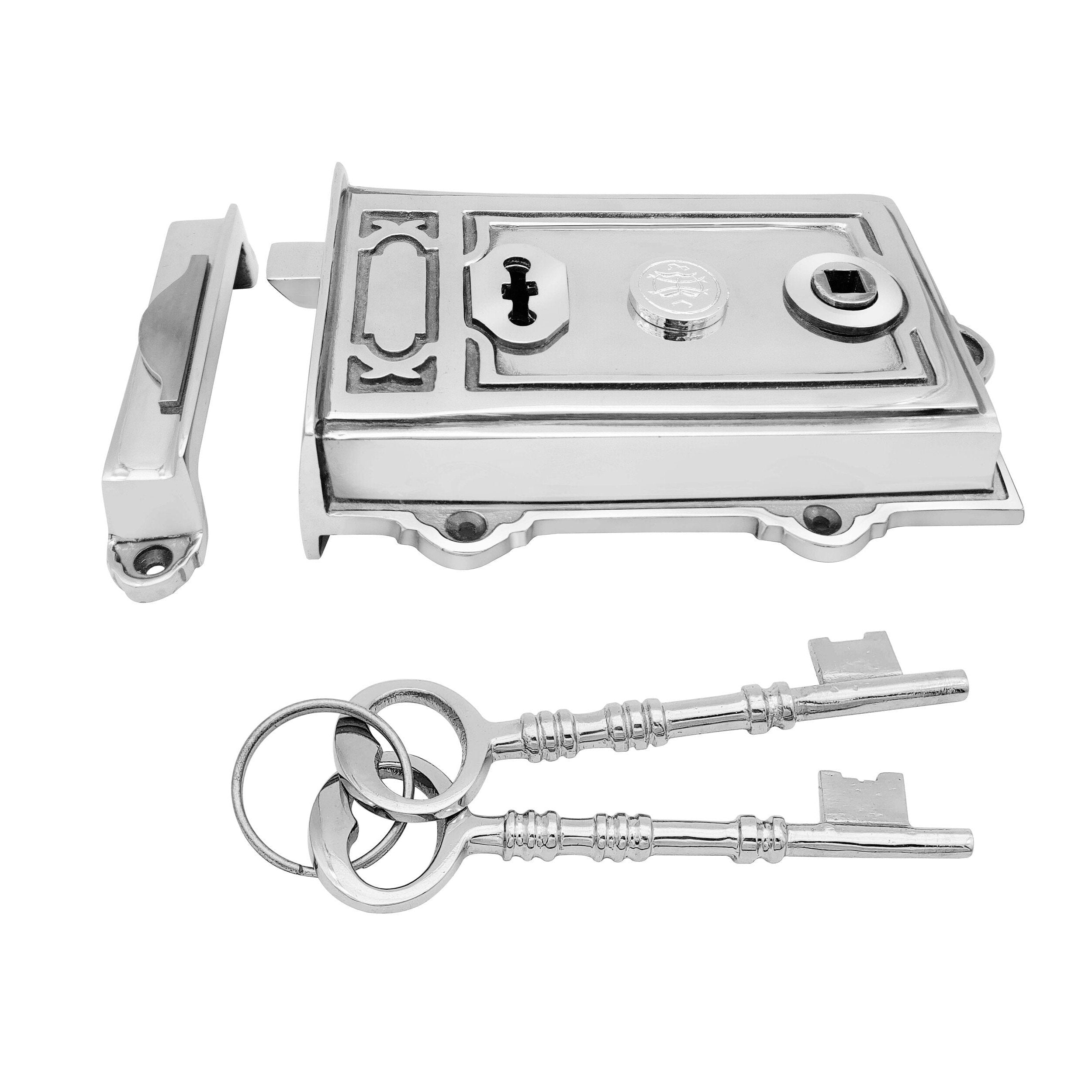 Euro Art Davenport Rim Lock with a timeless design, available in various finishes including Polished Brass Unlacquered, Polished Nickel, and Antique Pewter, among others.