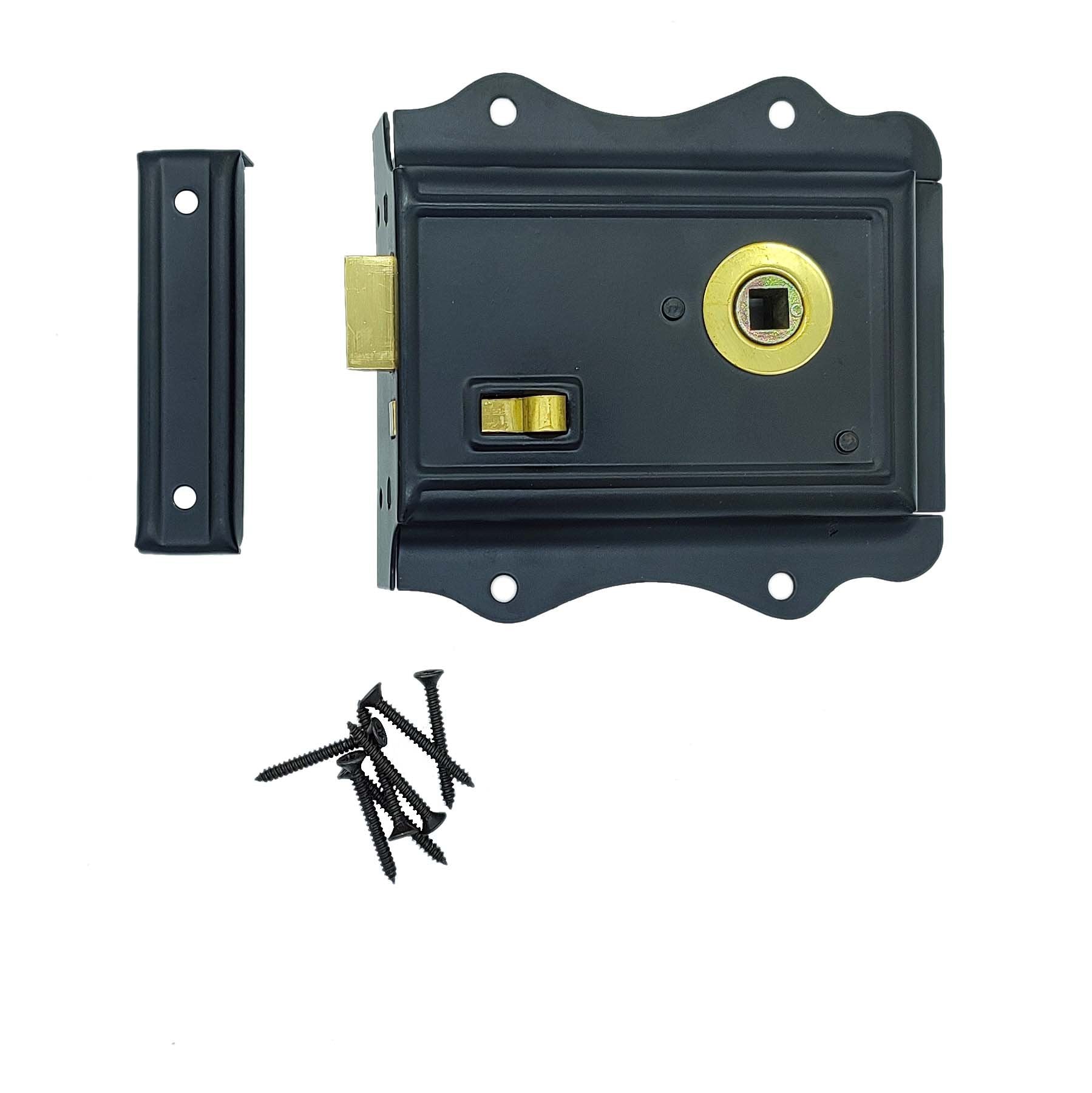 Euro Art Flanged Rim Latch in a sleek Black finish, offering a contemporary design and reliable security for doors.