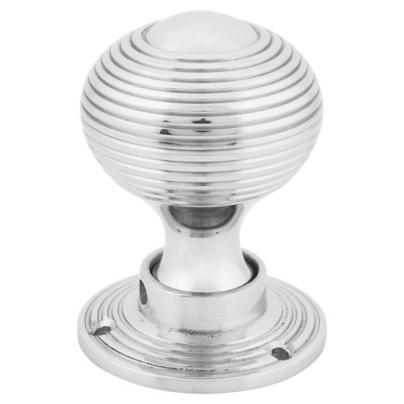 Beehive Reeded Mortice Knob from Euro Art Hardware, featuring a reeded texture in polished brass, polished chrome, or satin chrome finishes. A sophisticated and compact design that enhances both residential and commercial doors with timeless elegance and architectural flair.