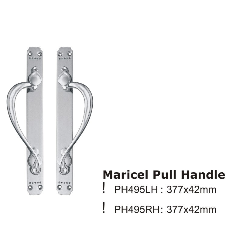 Maricel solid brass pull handle, available in right and left versions, 377mm long and 42mm wide, with polished chrome and satin nickel finishes for a modern look.