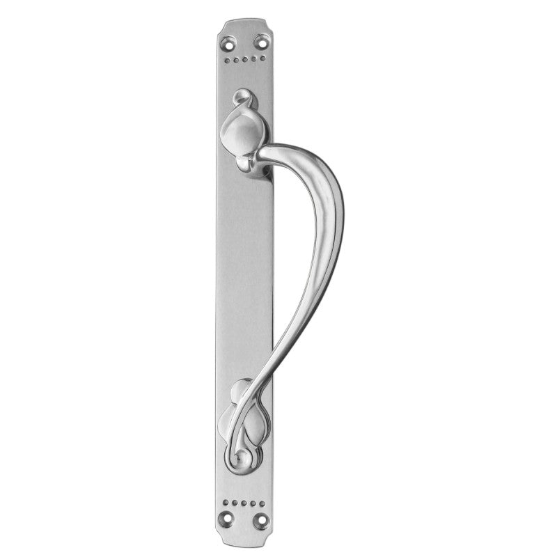 Maricel solid brass pull handle, available in right and left versions, 377mm long and 42mm wide, with polished chrome and satin nickel finishes for a modern look.