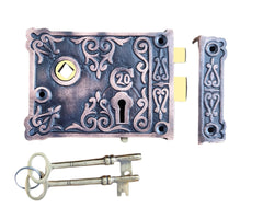 Euro Art Ornate Rim Lock with intricate detailing, available in Antique Pewter and Copper Antique finishes for a sophisticated touch.