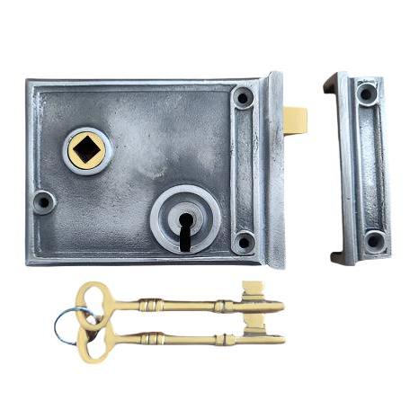 Euro Art Horizontal Rim Lock with a classic design in Antique Pewter finish, offering durability and easy installation.