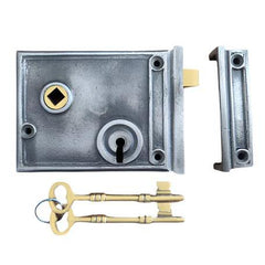 Euro Art Horizontal Rim Lock with a classic design in Antique Pewter finish, offering durability and easy installation.