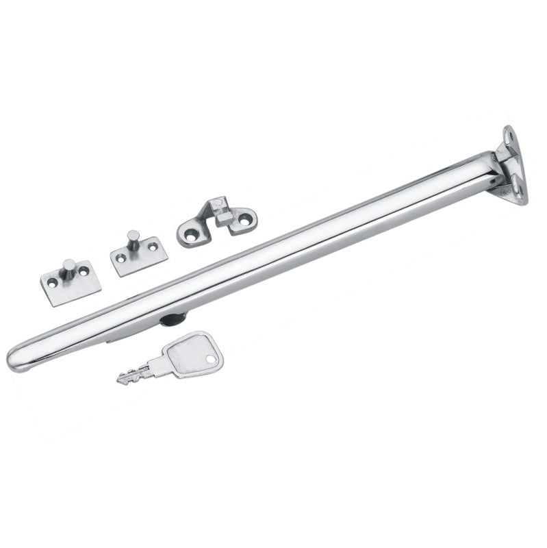 Standard architectural locking casement stay in polished chrome or satin nickel finishes.