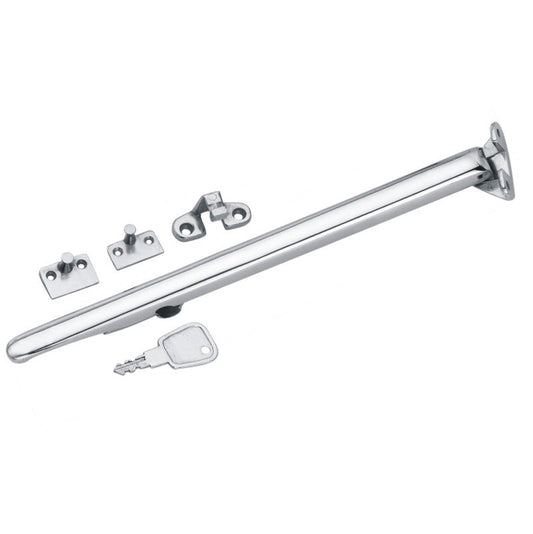 Standard architectural locking casement stay in polished chrome or satin nickel finishes.
