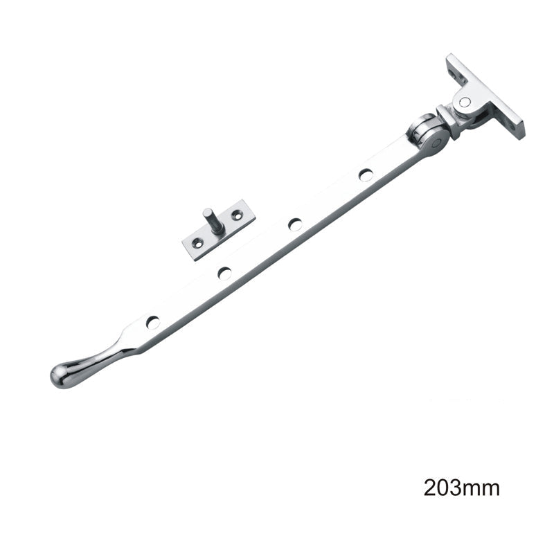 203mm bulb-end architectural casement stay in polished chrome or satin nickel for modern windows.