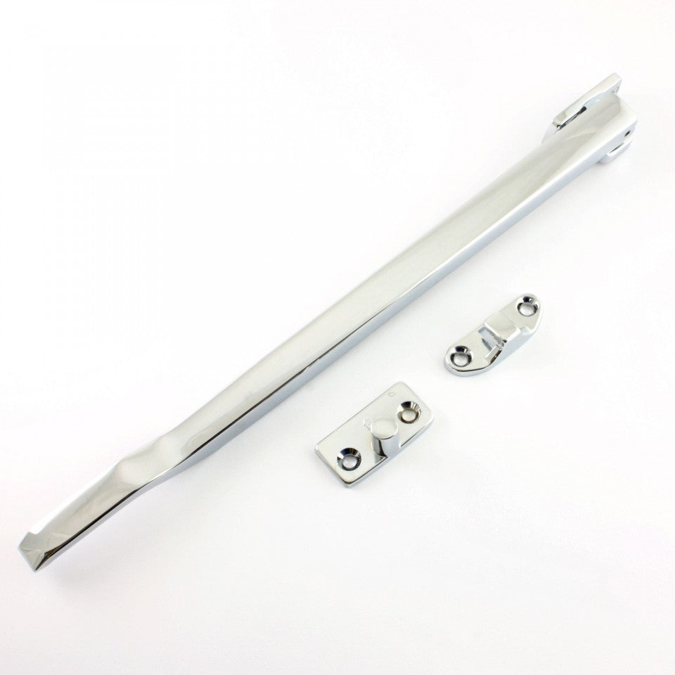 Locking modern casement stay in electro brass, polished chrome, or white finishes, 255mm long.