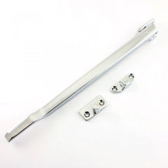 Locking modern casement stay in electro brass, polished chrome, or white finishes, 255mm long.