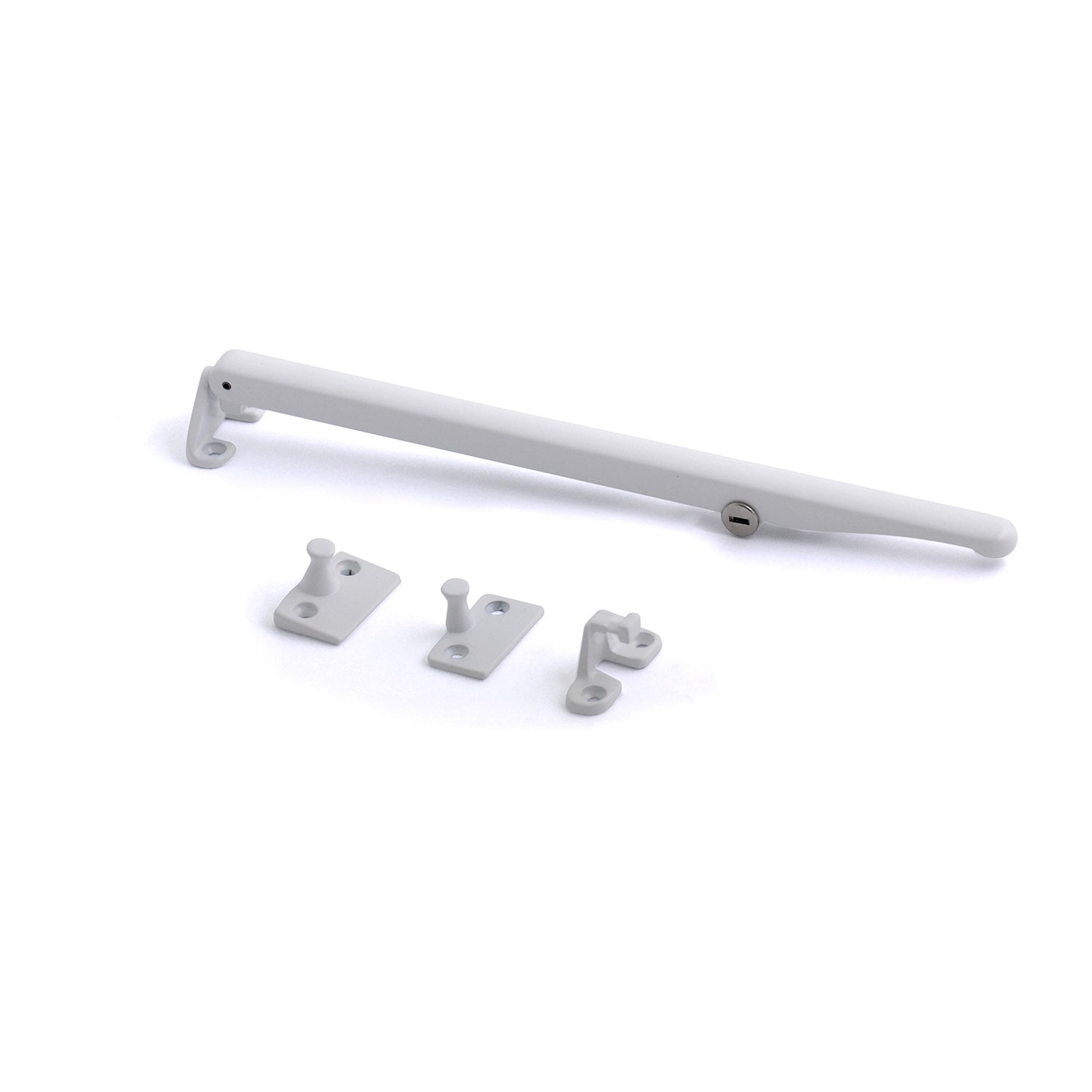 Standard architectural locking casement stay in polished chrome or satin nickel finishes.