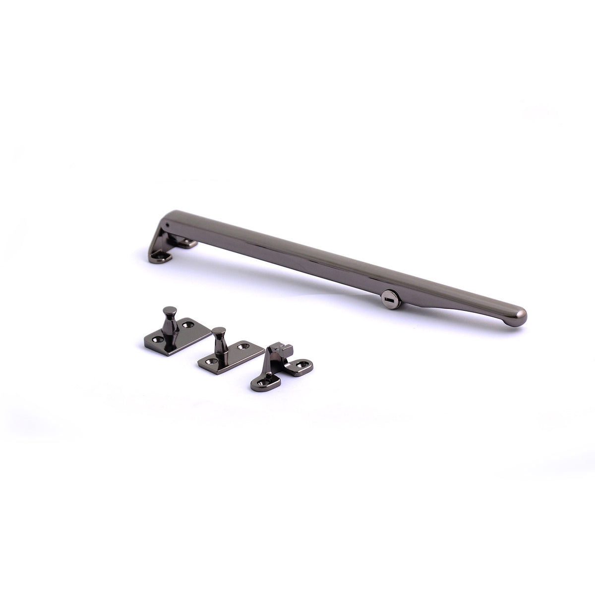 Standard architectural locking casement stay in polished chrome or satin nickel finishes.