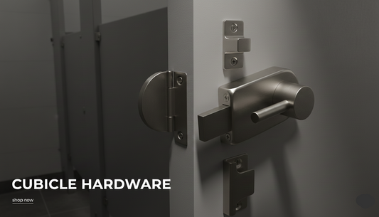 Cubicle door with hardware and 'Cubicle Hardware' text overlay.