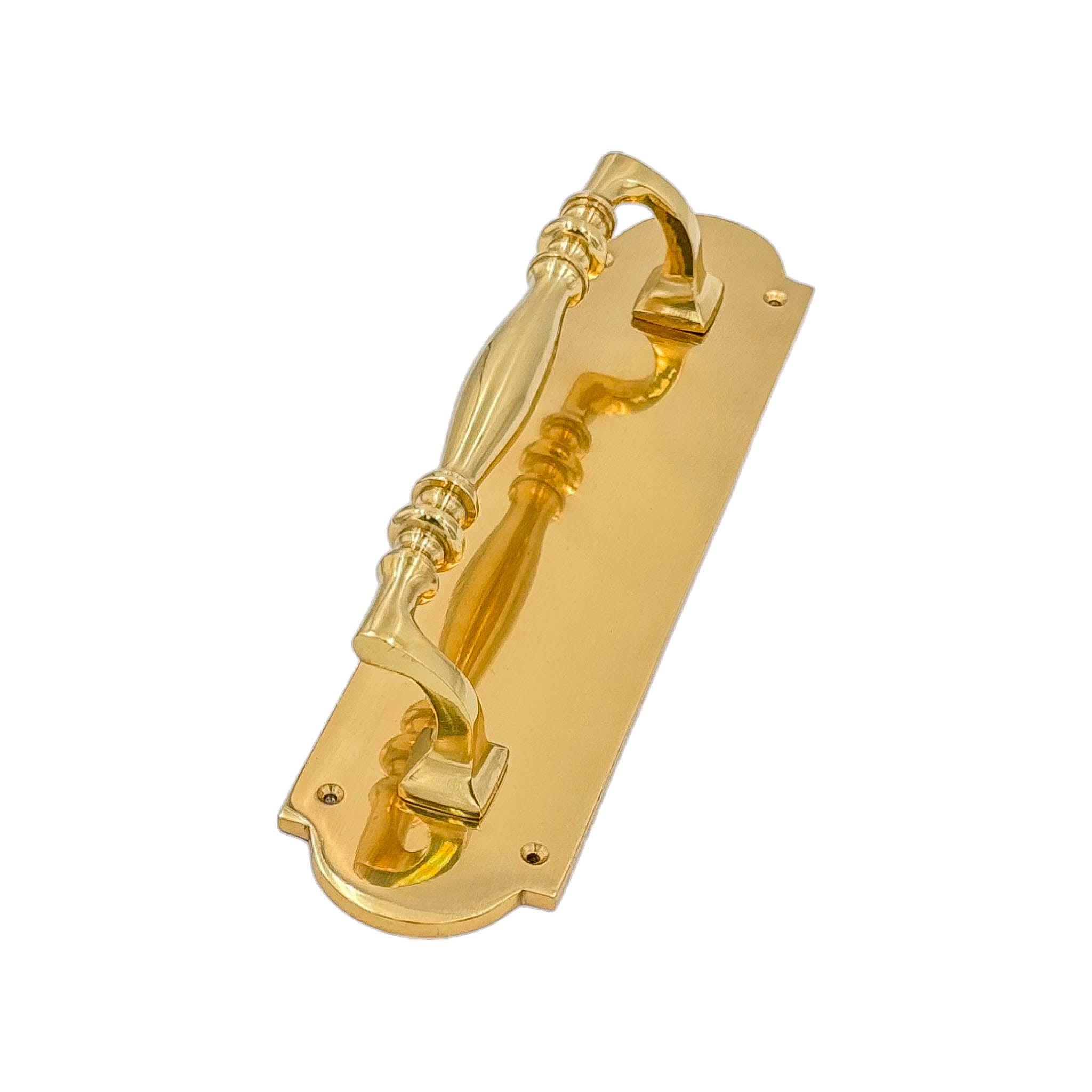Horatio solid brass door pull handle, 300mm in length and 75mm wide, with a polished chrome or brass finish, designed for durability and style on residential or commercial doors.