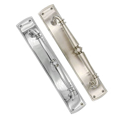 "Renata solid brass pull handle on backplate, 382mm in length and 64mm wide, with polished brass, polished chrome, and satin nickel finishes, featuring an architectural design.