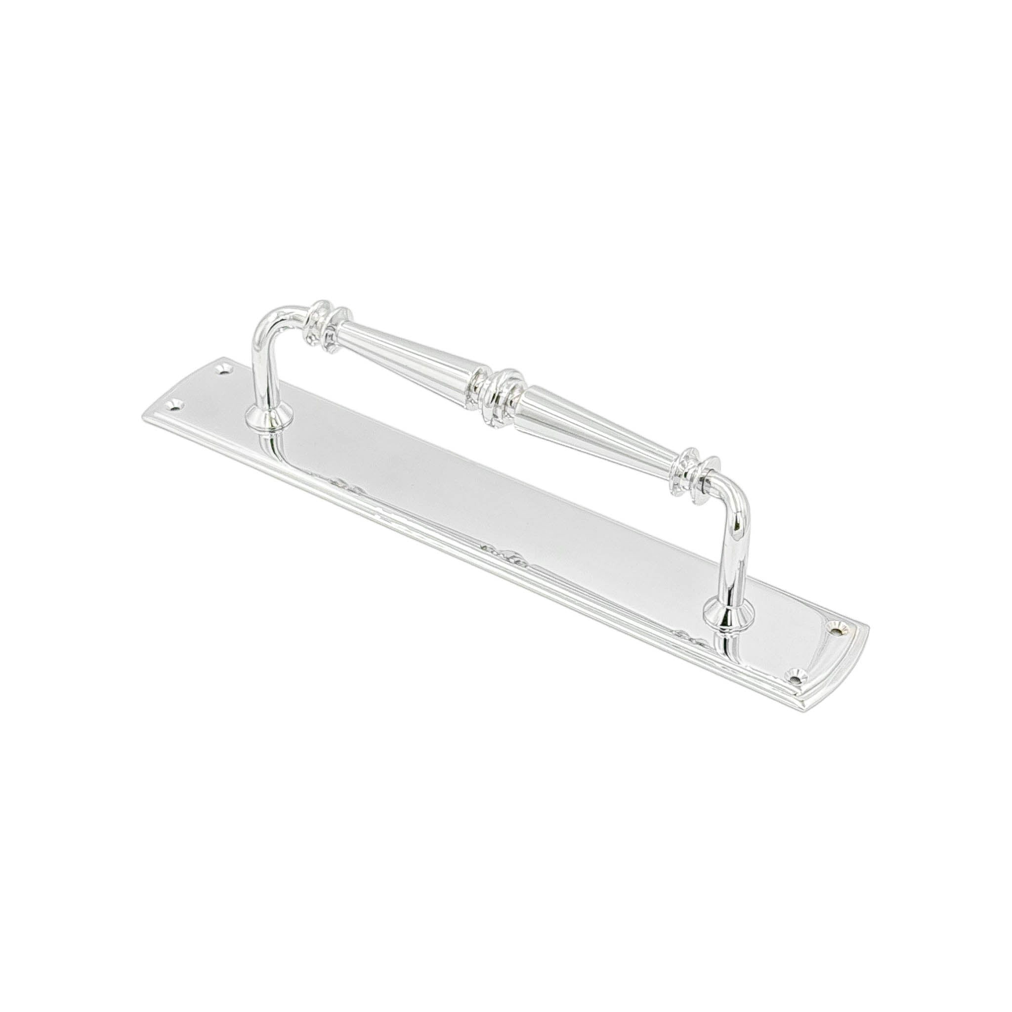"Renata solid brass pull handle on backplate, 382mm in length and 64mm wide, with polished brass, polished chrome, and satin nickel finishes, featuring an architectural design.