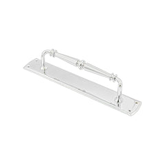 "Renata solid brass pull handle on backplate, 382mm in length and 64mm wide, with polished brass, polished chrome, and satin nickel finishes, featuring an architectural design.
