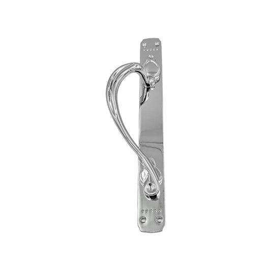 Maricel solid brass pull handle, available in right and left versions, 377mm long and 42mm wide, with polished chrome and satin nickel finishes for a modern look.