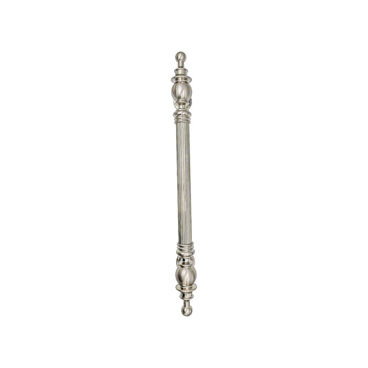 Cassia solid brass pull handle with a classic vintage design, 480mm long and 39mm wide, featuring a satin nickel finish, ideal for traditional-style doors.