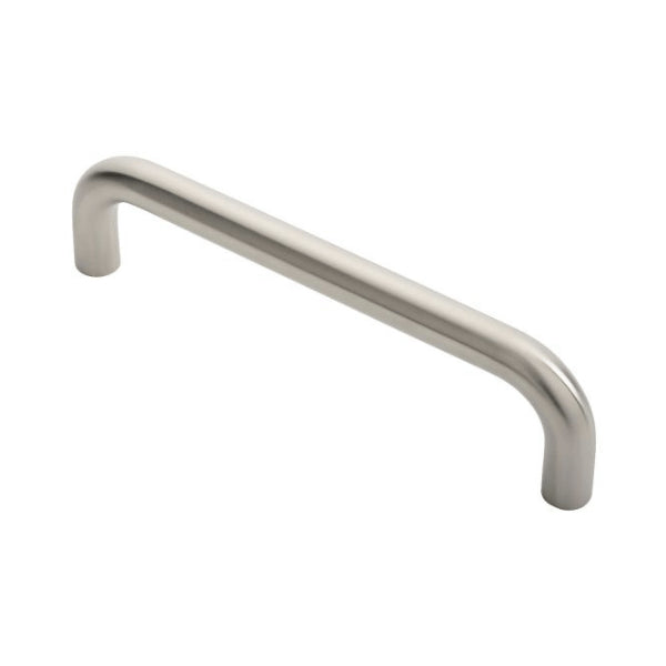 D Pull Handle in stainless steel with polished and satin finishes, available in various sizes ranging from 19mm x 225mm to 32mm x 900mm.