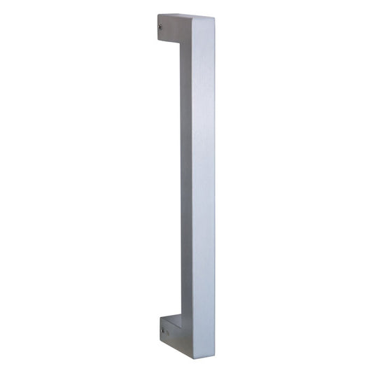 Solace heavy-duty door pull handle, 300mm in length, made of satin stainless steel, with a back-to-back pair design, includes fixing screws, and suitable for bolt-through installation.