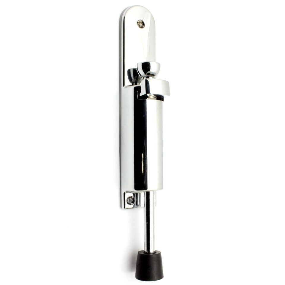 Euro Art Foot Operated Door Stopper in polished brass, designed for hands-free operation, offering durable construction and a sleek, modern design suitable for residential or commercial use.