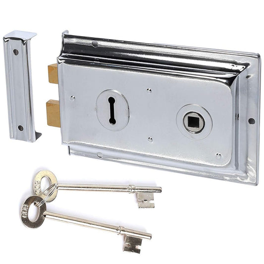 Euro Art Rim Lock -150x100mm in stylish finishes such as Polished Chrome, Satin Chrome, and Electro Brass, designed for enhanced security and aesthetic appeal.