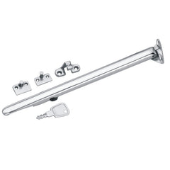 Standard architectural locking casement stay in polished chrome or satin nickel finishes.